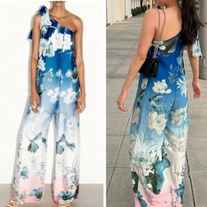 NWT ZARA Blue Floral One-Shoulder Wide Leg Jumpsuit XS